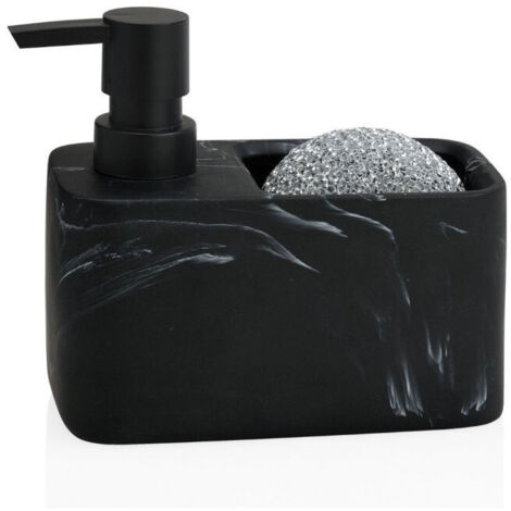 Distributeur Liquide Vaisselle + Porte Éponge Polyrésine Effet Marbre Noir