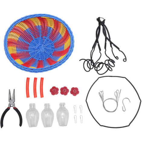 Distributeur Nourriture Oiseaux Suspension Panier Rattan avec Station Hydratation pour Jardin Balcon Branche d'Arbre - Panier Fleuri Rattan Tressé 43x30cm avec 3 Fleurs 3 Bouteilles