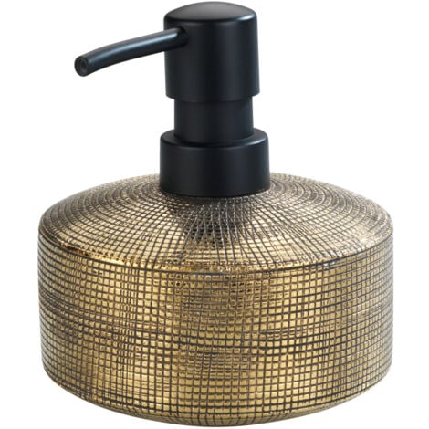 Distributeur Savon Liquide en céramique 400ml Rivara WENKO, Rechargeable, Antifuite, Céramique à relief peint à la main fini or, 10,5 x 12 cm, Doré