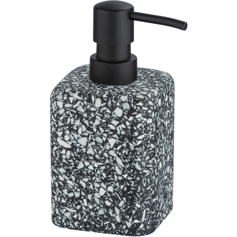 Wenko - Distributeur savon liquide Terrazzo, Capacité 240 ml, polyrésine aspect mosaique, 8x16x9.5 cm, Noir