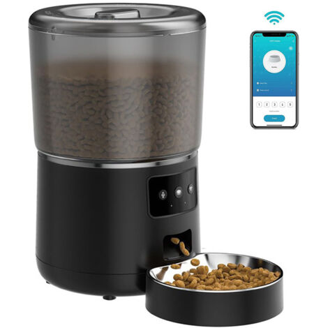 Distributore automatico di cibo secco da 4 litri per cani e gatti, con timer, Wi-Fi, controllo tramite app, doppia alimentazione, nero