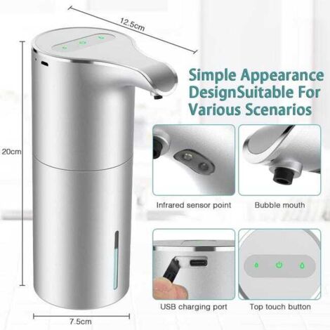 Distributore automatico di sapone bianco, distributore di sapone per le mani senza contatto con sensore a infrarossi, ricarica USB, capacità regolabile