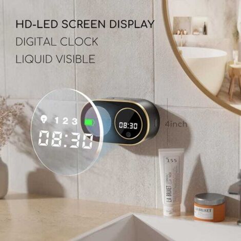 Distributore automatico di sapone nero senza contatto, display dell'ora a LED HD, distributore di sapone in schiuma ricaricabile da parete