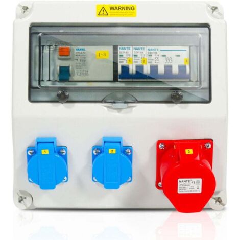 Distributore da parete per cantiere ALOVZE con interruttore automatico e FI, distributore elettrico da cantiere a 5 poli con 2 prese Schuko e presa CEE da 16 A