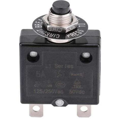 Disyuntor de 20 A con reinicio térmico opcional, 125-250 VCA, 50 VCC, protección contra sobrecarga, interruptor pulsador