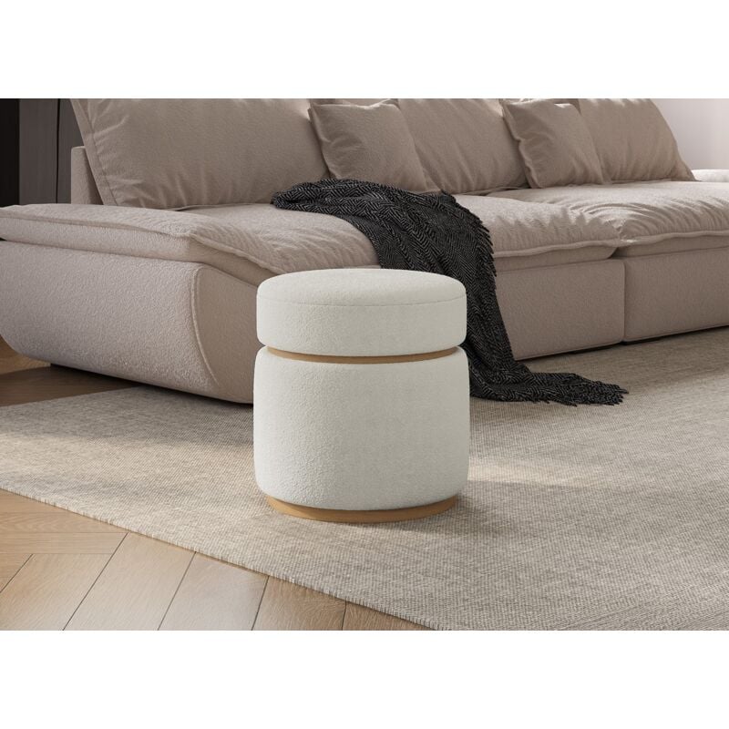 Diva - Pouf design en tissu effet peau de mouton blanc écru et bois clair diva