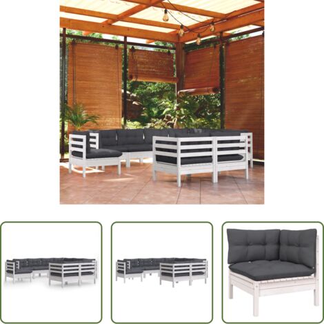 Divani da esterno -  Set Divani da Giardino 9 pz con Cuscini Bianchi Legno di Pino