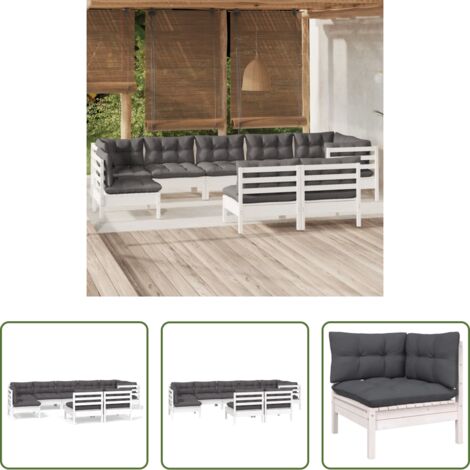 Divani da esterno -  Set Divani da Giardino 9 pz con Cuscini Bianchi Legno di Pino