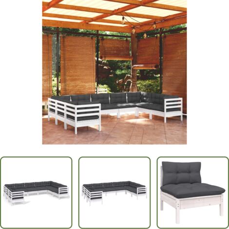 Divani da esterno -  Set Divani da Giardino 9 pz con Cuscini Bianchi Legno di Pino