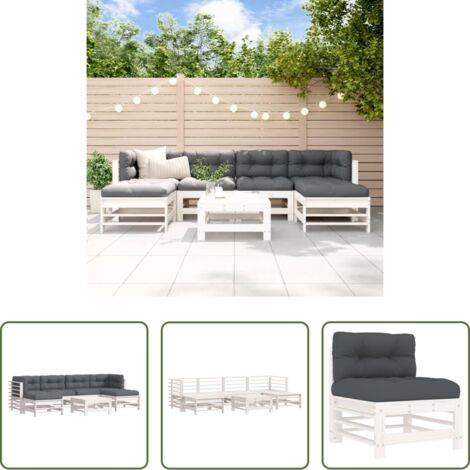 Divani in legno -  Set Divani da Giardino 7pz con Cuscini in Legno Massello Bianco