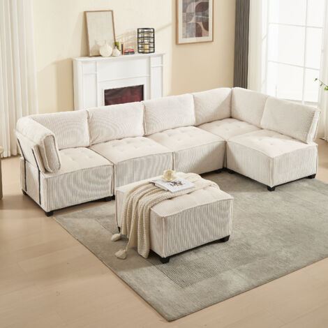 Divani modulare 6 posti in corda, 308 cm, ergonomico con tasche portaoggetti, componibile in forma U/L/letti, struttura in legno e metallo, beige