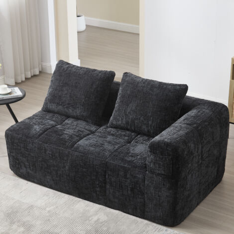 Divani, poltrona con cuscini, tessuto ciniglia, nero, divano dritto, divano 2 posti, 158x90x60cm