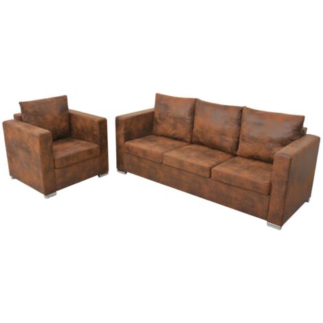 Divani Set 2 pz Divani fisso Sofa da soggiorno in Pelle Scamosciata Artificiale ITD84299 - Marrone