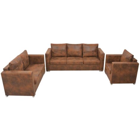 Divani Set 3 pz Divani fisso Sofa da soggiorno in Pelle Scamosciata Artificiale ITD70416 - Marrone