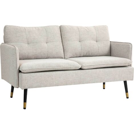 Divano 2 Posti 139x68x80 cm con Cuscini Imbottiti in Tessuto Effetto Lino Bianco Crema