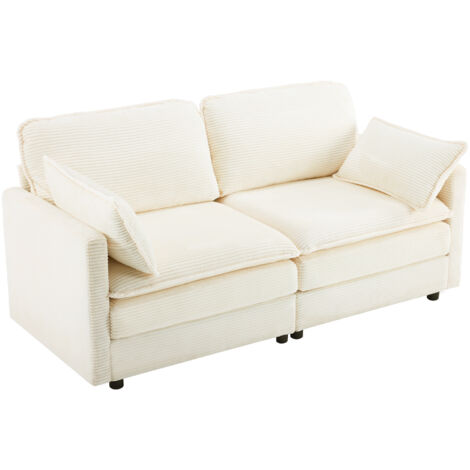 Divano 2 Posti 167.5x75x85 cm, Seduta Ampia, Design Minimale, Tessuto a Coste, Legno, Bianco