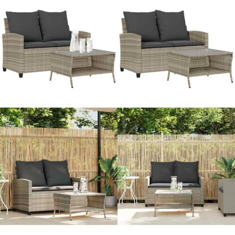 Divano 2 Posti con Cuscini e Tavolo Grigio Chiaro Polyrattan - Tavolino da giardino - Rattan