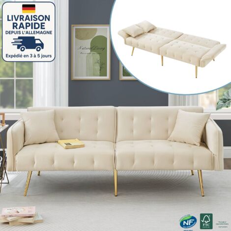 Divano 2 posti - Con funzione letto, schienale regolabile e braccioli regolabili su più livelli - Tessuto in velluto - contemporaneo - Beige