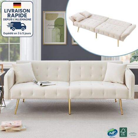 Divano 2 posti - Con funzione letto, schienale regolabile e braccioli regolabili su più livelli - Tessuto in velluto - contemporaneo - Bianco