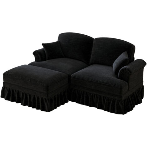 Divano 2 Posti con Pouf 194x140x93cm, Comfort Profondo, Schienale Segmentato, Cuscino Mobile, Chenille Nero, per Soggiorno
