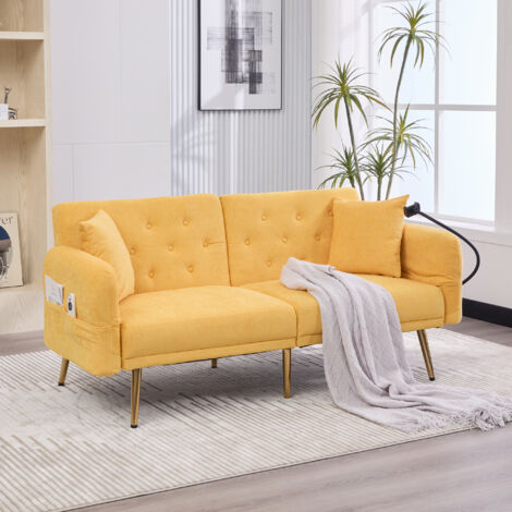 Divano 2 posti, divano dritto, schienale regolabile in 3 posizioni, 2 porte USB, porta telefono, gambe in metallo, 173×78×78 cm, ciniglia, giallo