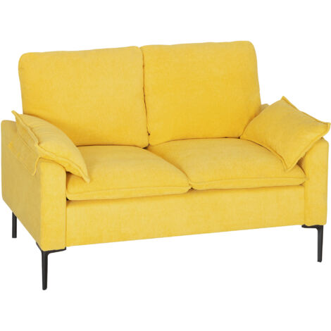 Divano 2 posti imbottito schiuma e tessuto, cuscini sfoderabili, gambe metallo, 130x77x84 cm, giallo