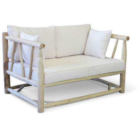 Divano 2 posti in legno teak con cuscini tortora 131,5x92xH77 cm