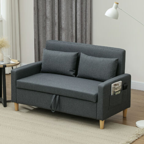 Divano 2 Posti in Tessuto con Braccioli e 2 Cuscini Rimovibili, Divanetto 2 Posti Moderno con Spazio Portaoggetti, Tasche Laterali e Gambe in Legno per Soggiorno e Salotto, 135x72x84cm, Grigio