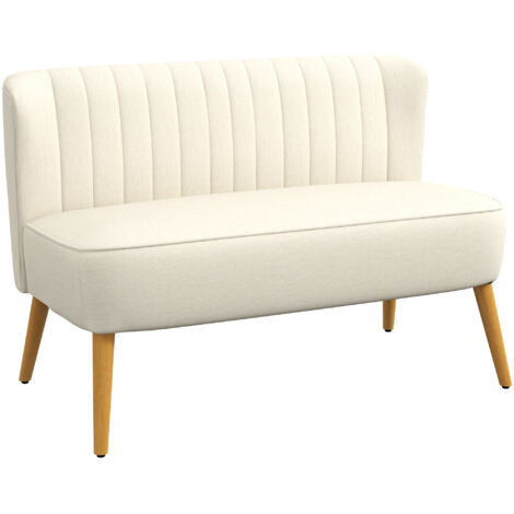 Divano 2 Posti in Tessuto Effetto Lino Senza Braccioli con Gambe , 117x56.5x77 cm, Bianco Crema