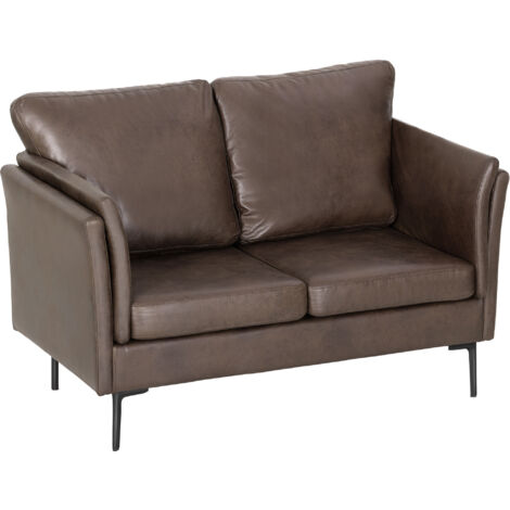 Divano 2 posti rivestito tessuto effetto pelle traspirante, braccioli alti curvi, 137x72x88 cm, marrone scuro