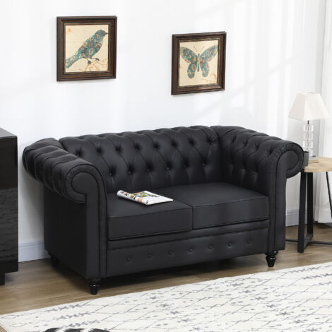 Divano 2 Posti Stile Chesterfield in Finta Pelle, Divanetto da Salotto Trapuntato con Braccioli e Imbottitura Spessa, Sofà con Gambe in Legno di Gomma per Soggiorno e Ufficio, Nero
