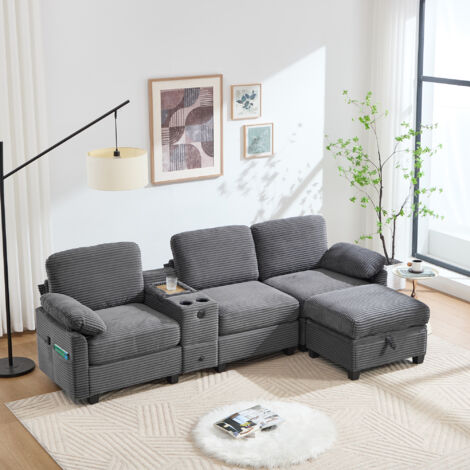 Divano 266x136x82 cm, 3 Posti, Memory foam, Tasche laterali, Pouf contenitore, USB-C, Velluto a coste grigio scuro