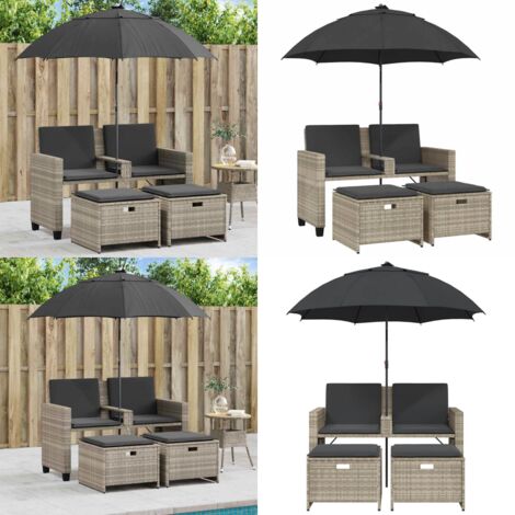 Divano 2Posti Ombrellone e Sgabelli Grigio Chiaro Polyrattan - Ombrellone - Sgabelli
