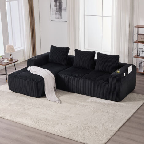 Divano 3-4 posti - 253x158x61 cm - componibile - 3 cuscini inclusi - pratico - in velluto a coste nero