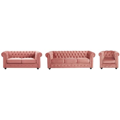 Divano 3 posti e 2 posti e Poltrona in Velluto Rosa pastello - CHESTERFIELD