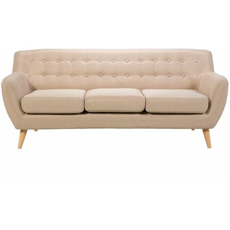 Divano 3 Posti Imbottito Tessuto Beige Schienale Trapuntato Gambe in Legno Motala