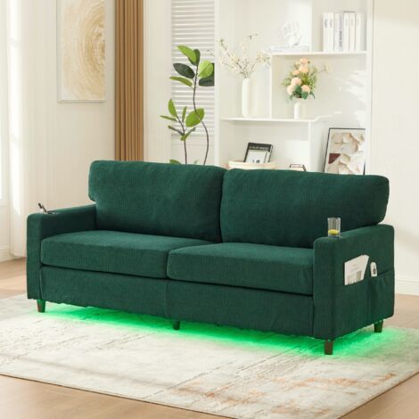 Divano a 2 posti - 203x77,5x86 cm - con porta USB-C, LED, portabicchieri e tasche laterali - in legno e metallo - ciniglia verde