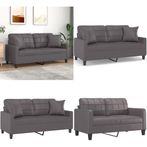 Divano a 2 Posti con Cuscini Grigio 140 cm in Similpelle - Divano in similpelle - Cuscini decorativi