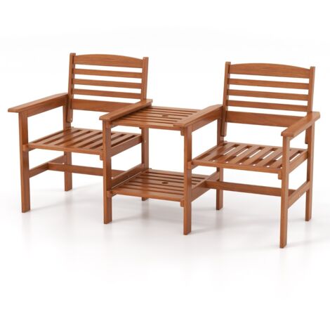 Divano a 2 posti da esterno con tavolo, Set da conversazione in legno con tavolino e foro per ombrellone 159,5x61,5x88cm