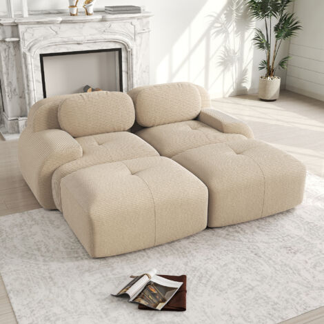 Divano a 2 posti, divano dritto per soggiorno e camera da letto, elevata elasticità, velluto a coste, 208×178×70cm, 2 poggiapiedi, beige