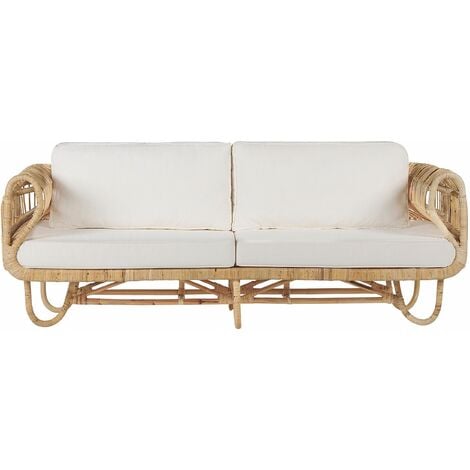 Divano a 2 Posti in Rattan Naturale con Cuscini Beige Boho Dolcedo