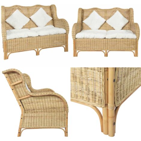 Divano a 2 Posti in Rattan Naturale e Lino - Rattan naturale - Lino
