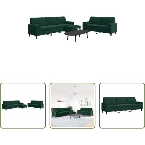 Divano a 2 posti -  Set di Divani 3 pz con Cuscini e Rinforzi Verde scuro Velluto