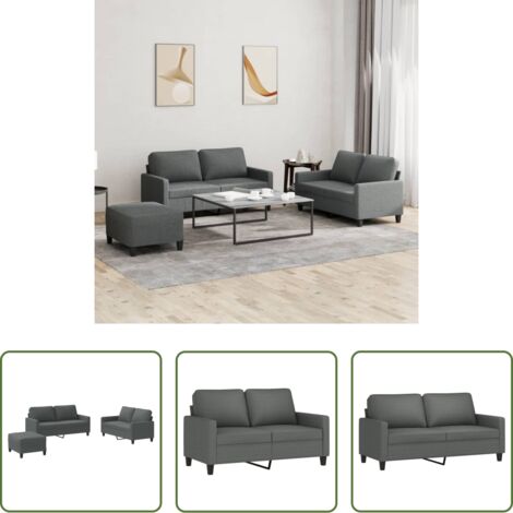 Divano a 2 posti -  Set di Divani 3 pz con Cuscini Grigio Scuro in Tessuto