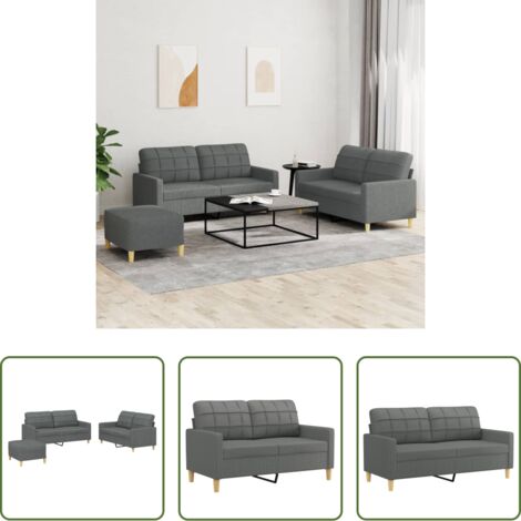 Divano a 2 posti -  Set di Divani 3 pz con Cuscini Grigio Scuro in Tessuto