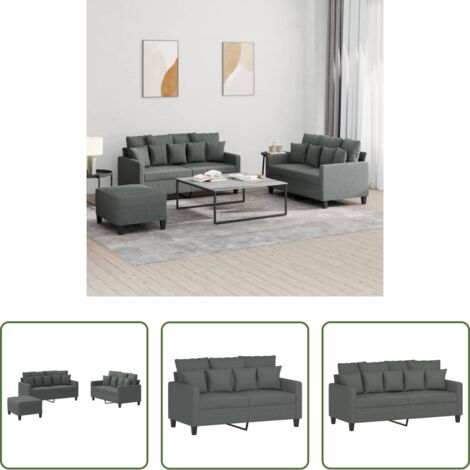 Divano a 2 posti -  Set di Divani 3 pz con Cuscini Grigio Scuro in Tessuto