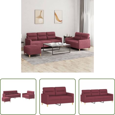 Divano a 2 posti -  Set di Divani 3 pz con Cuscini Rosso Vino in Tessuto