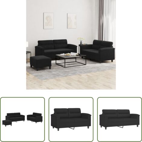 Divano a 2 posti -  Set Divani 3 pz con Cuscini Nero in Tessuto Microfibra