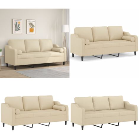 Divano a 3 Posti con Cuscini Crema 180 cm in Tessuto - Cuscino decorativo - Divano in tessuto