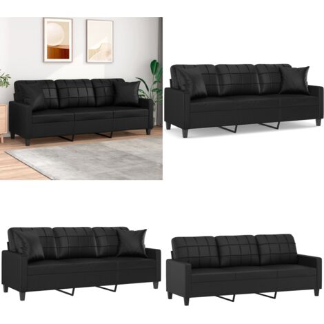 Divano a 3 Posti con Cuscini Nero 180 cm in Similpelle - Divano in similpelle - Cuscini decorativi